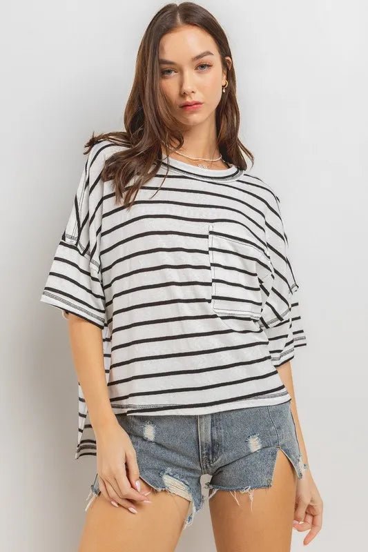 Ces Femme Side Slit Striped Round Neck Half Sleeve T-Shirt - Love Salve